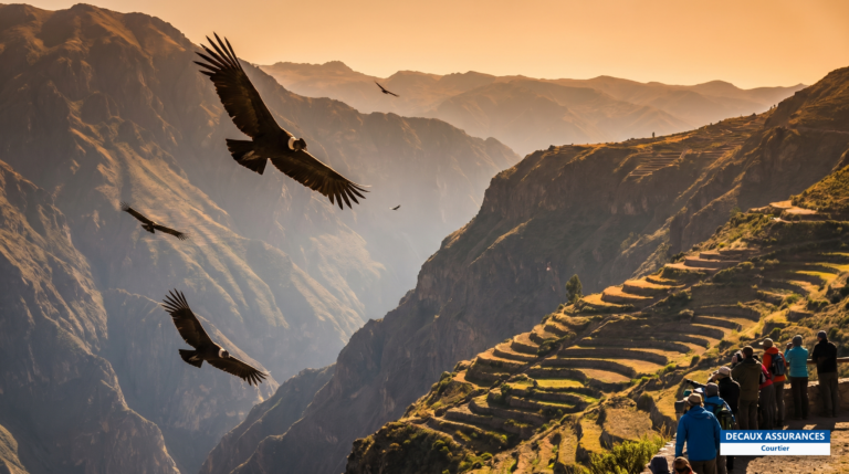 Condors survolant le canyon de Colca près d'Arequipa, Pérou