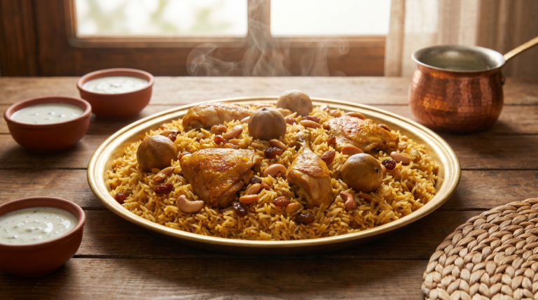Machbous, riz épicé à la viande, plat national qatarien