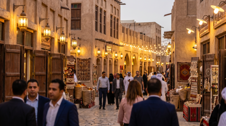 Ruelles éclairées du Souq Waqif à Doha, Qatar, le soir