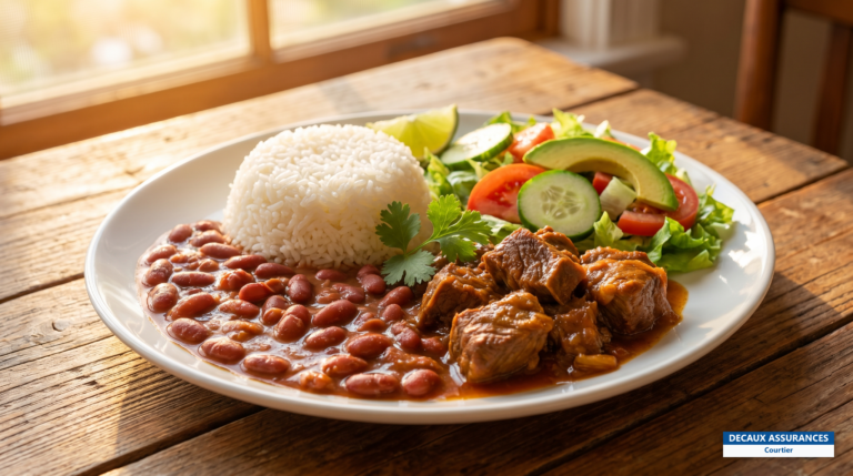 La bandera dominicana : riz, haricots rouges et viande, plat national de la République dominicaine