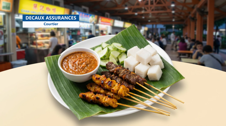 Brochettes satay et sauce cacahuète, hawker centre de Singapour