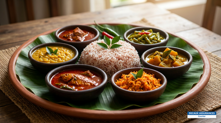 Rice & curry srilankais, riz accompagné de plusieurs curries de légumes, poisson et dhal