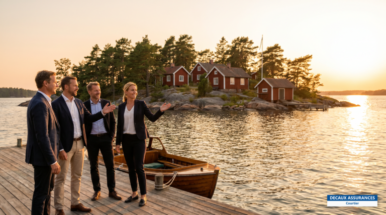 Maisons rouges en bord de mer dans l'archipel de Stockholm, Suède