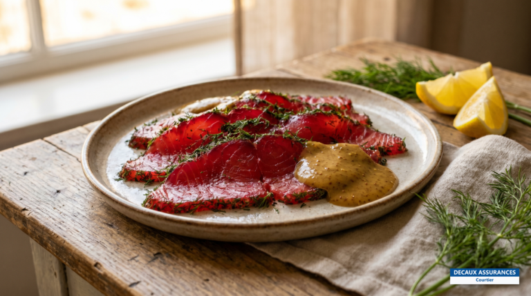 Saumon gravlax tranché à l'aneth et sauce moutarde, spécialité suédoise