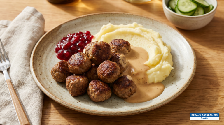 Boulettes de viande suédoises (köttbullar) avec purée, sauce et confiture d'airelles