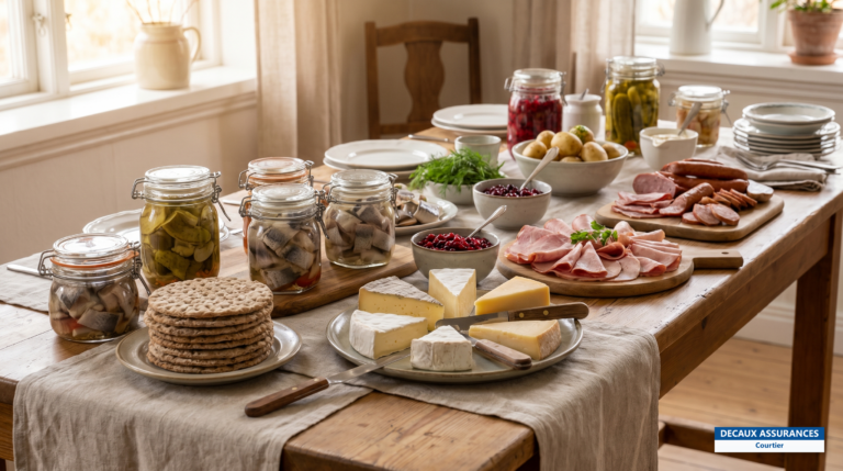 Buffet de smörgåsbord avec harengs, pains et fromages, table suédoise traditionnelle
