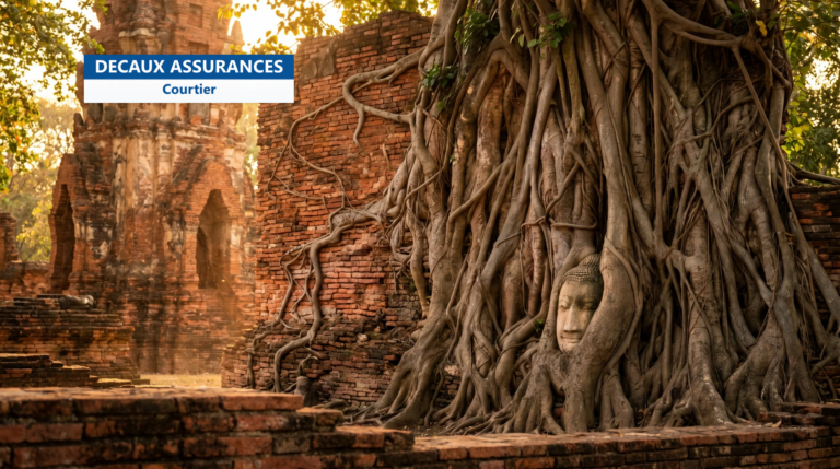 Ruines des temples d'Ayutthaya en Thaïlande, tête de Bouddha enlacée par les racines — site UNESCO