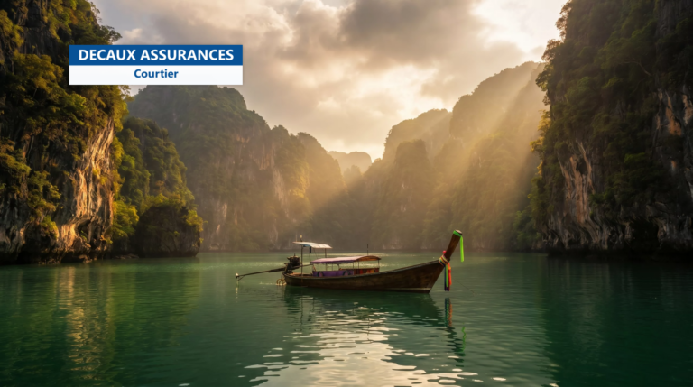 Pitons calcaires et lagon émeraude de la baie de Phang Nga, Thaïlande, avec bateau longtail