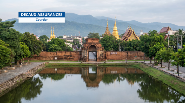 Porte en briques et douves de la vieille ville de Chiang Mai, Thaïlande, avec le Doi Suthep en arrière-plan