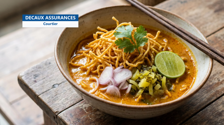 Khao soi, curry-nouilles au lait de coco de Chiang Mai surmonté de nouilles croustillantes