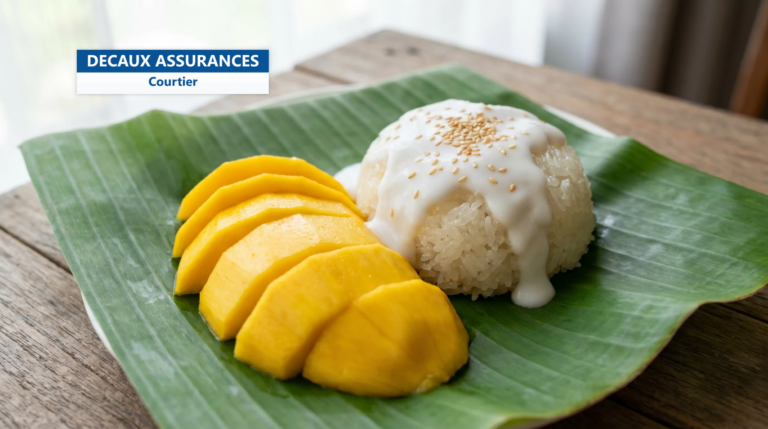 Mango sticky rice, dessert thaïlandais de riz gluant coco à la mangue sur feuille de bananier