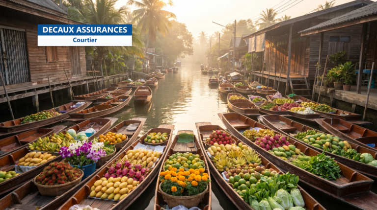 Marché flottant thaïlandais, barques en bois chargées de fruits tropicaux sur un canal