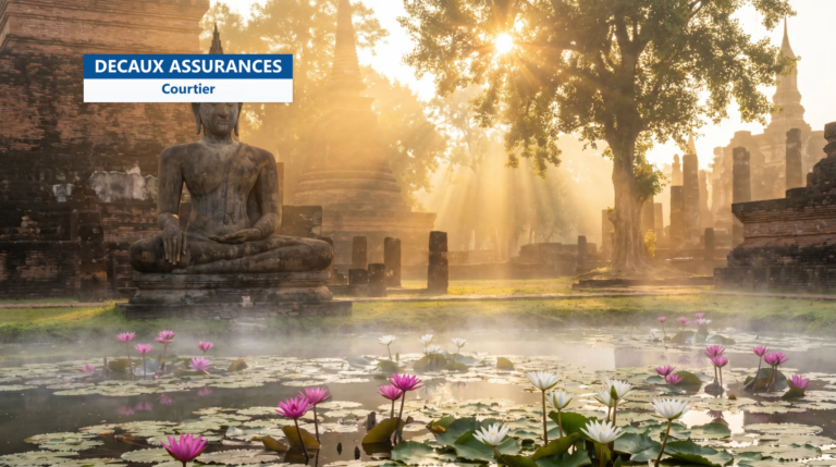 Bouddha assis et bassin de lotus au lever du soleil, parc historique de Sukhothai, Thaïlande — UNESCO