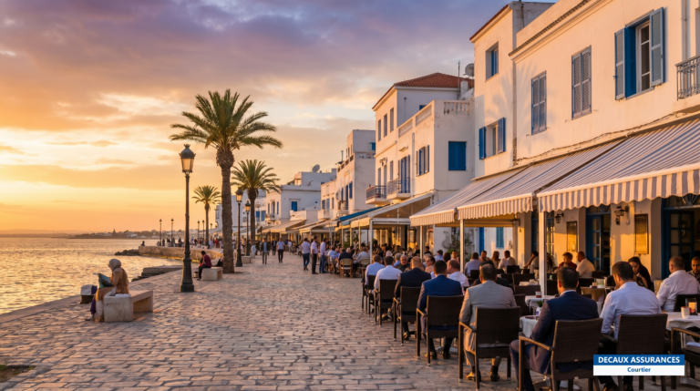 Front de mer et cafés de La Marsa, banlieue nord de Tunis, Tunisie — quartier prisé des expatriés français