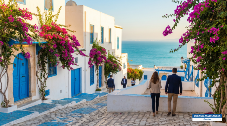 Ruelles bleues et blanches de Sidi Bou Saïd surplombant la Méditerranée, Tunisie