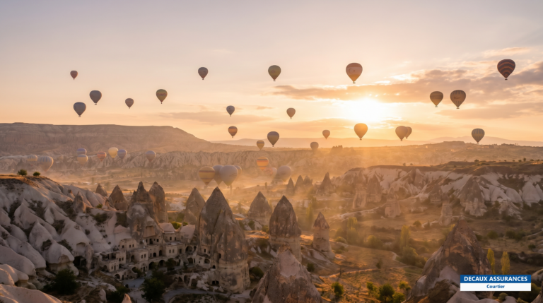 Montgolfières au-dessus des cheminées de fées de la Cappadoce à l'aube, Turquie