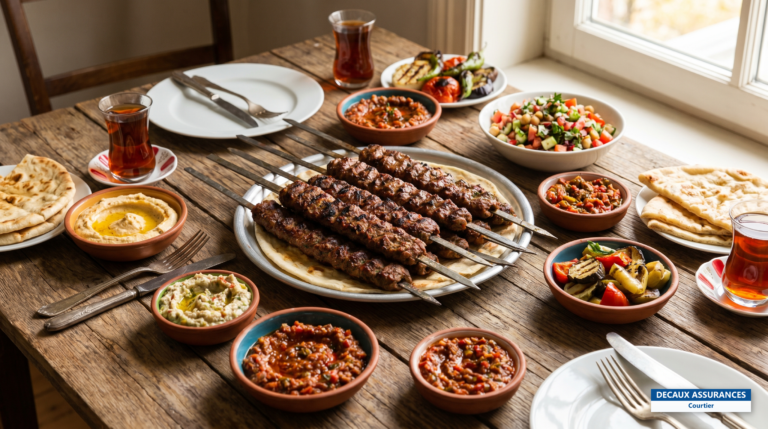 Brochettes de kebab grillées et mezze, cuisine turque