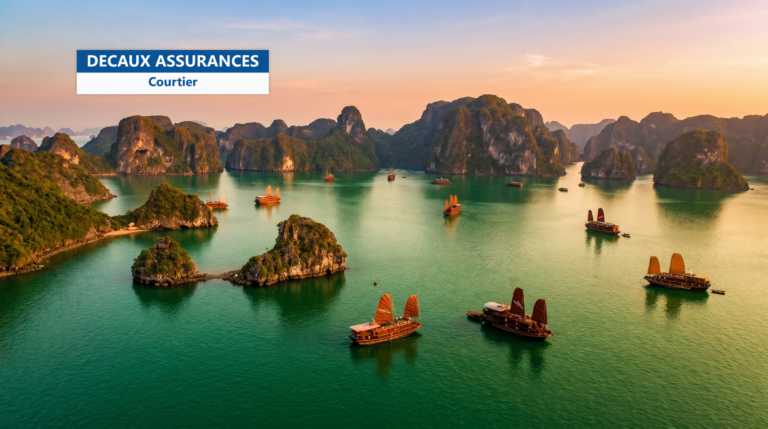 Pains de calcaire émergeant des eaux de la baie d'Ha Long, Vietnam