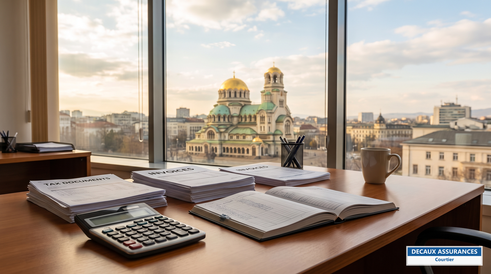 Bureau avec calculatrice et documents fiscaux, skyline de Sofia en fond — fiscalité des expatriés français en Bulgarie