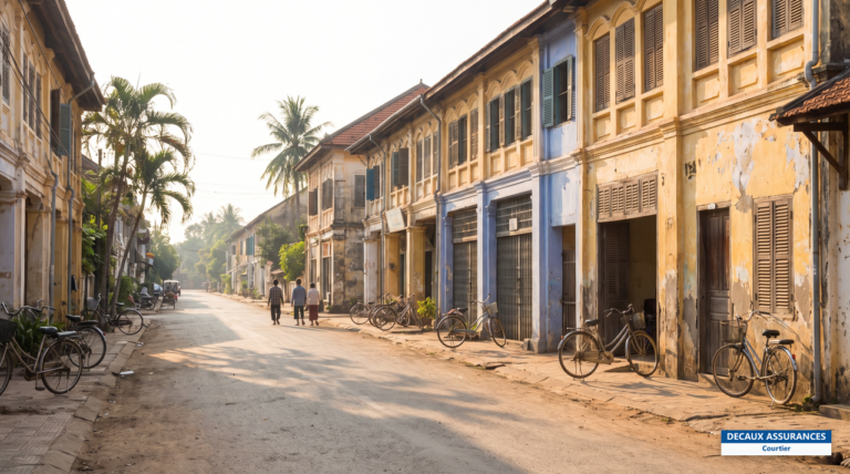 Maisons coloniales et rue tranquille de Battambang, Cambodge