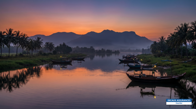 Rivière de Kampot et montagne de Bokor au crépuscule, sud du Cambodge