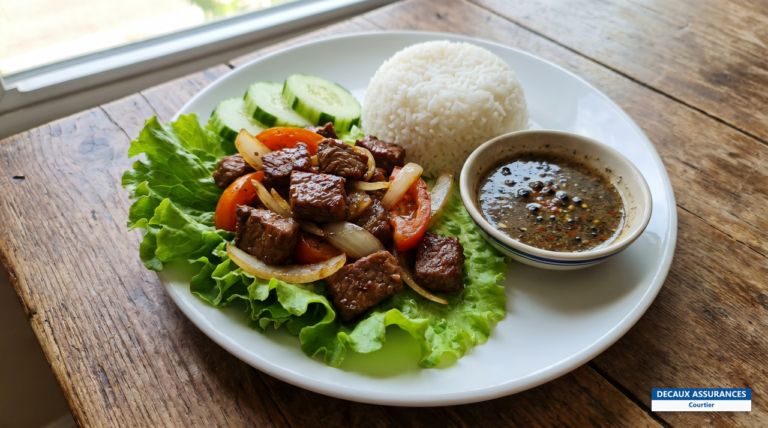 Lok lak, bœuf sauté cambodgien avec riz et sauce au poivre de Kampot