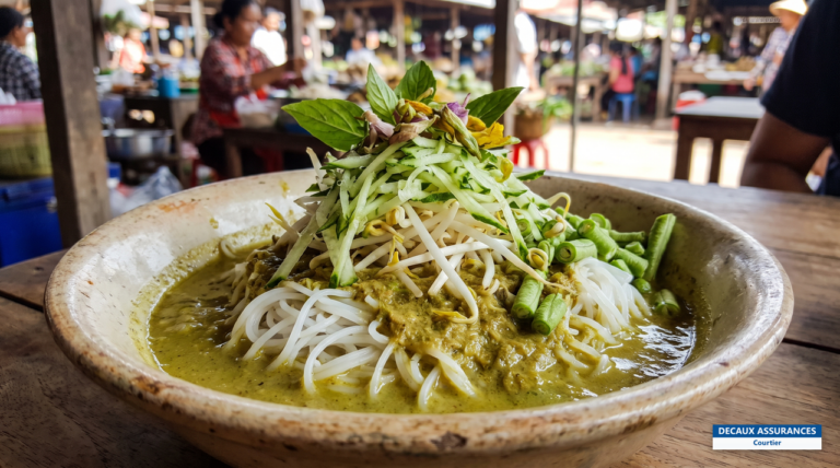 Num banh chok, nouilles de riz au curry vert, plat khmer du petit-déjeuner