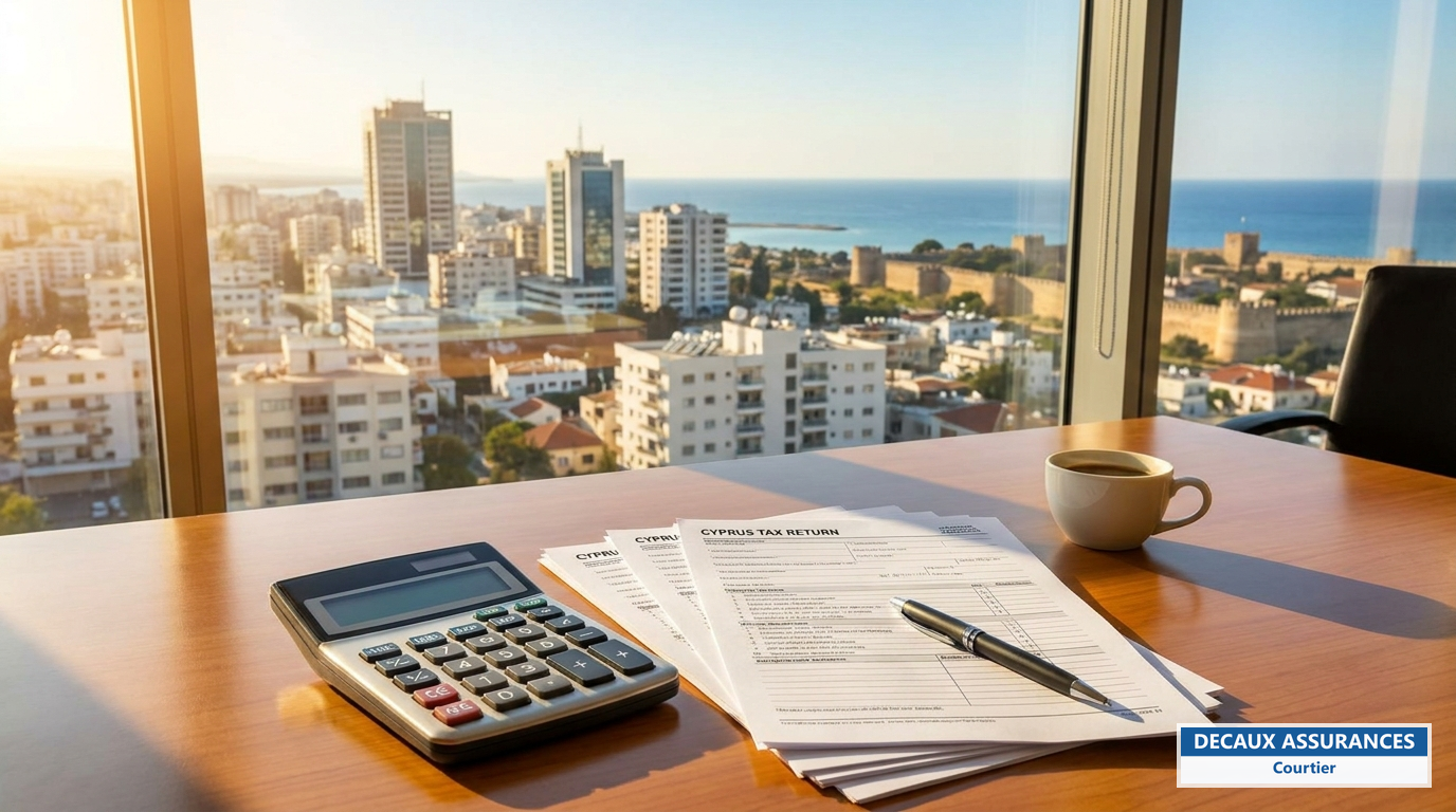 Bureau avec calculatrice et documents fiscaux, skyline de Nicosie en fond — fiscalité des expatriés français à Chypre