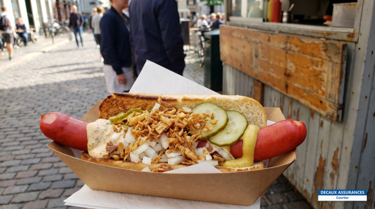 Hot-dog danois (pølser) garni d'oignons frits, street food du Danemark