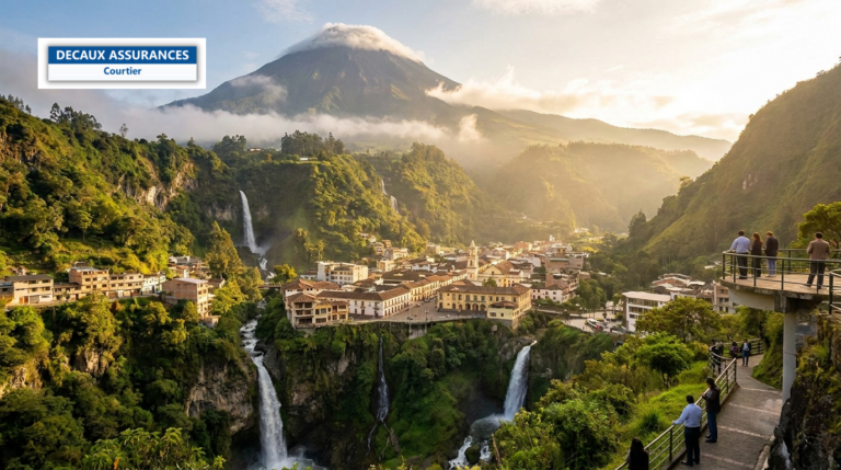 Ville de Baños de Agua Santa au pied du volcan Tungurahua, Équateur — canyon verdoyant et cascades