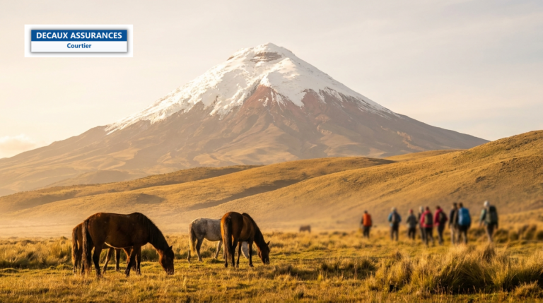Volcan Cotopaxi et l'avenue des volcans, Équateur — cône enneigé au-dessus du páramo doré