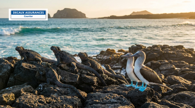 Îles Galápagos, Équateur — iguanes marins et fous à pieds bleus sur la roche volcanique noire