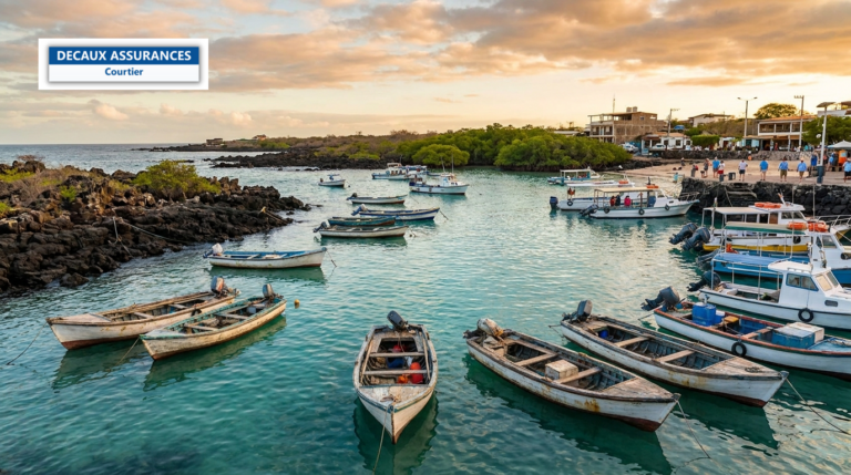 Puerto Ayora sur l'île Santa Cruz aux Galápagos, Équateur — petit port et côte volcanique