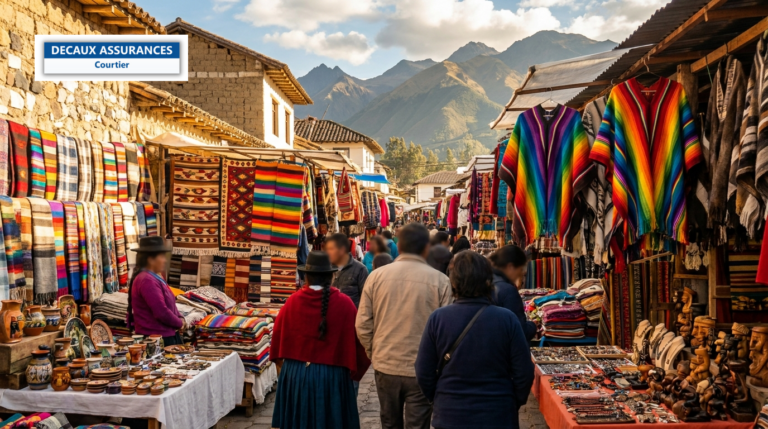 Marché artisanal indigène d'Otavalo, Équateur — textiles tissés colorés et artisanat, Andes en fond