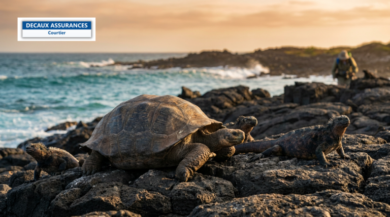 Tortue géante et iguanes marins sur la roche volcanique aux Galápagos, Équateur
