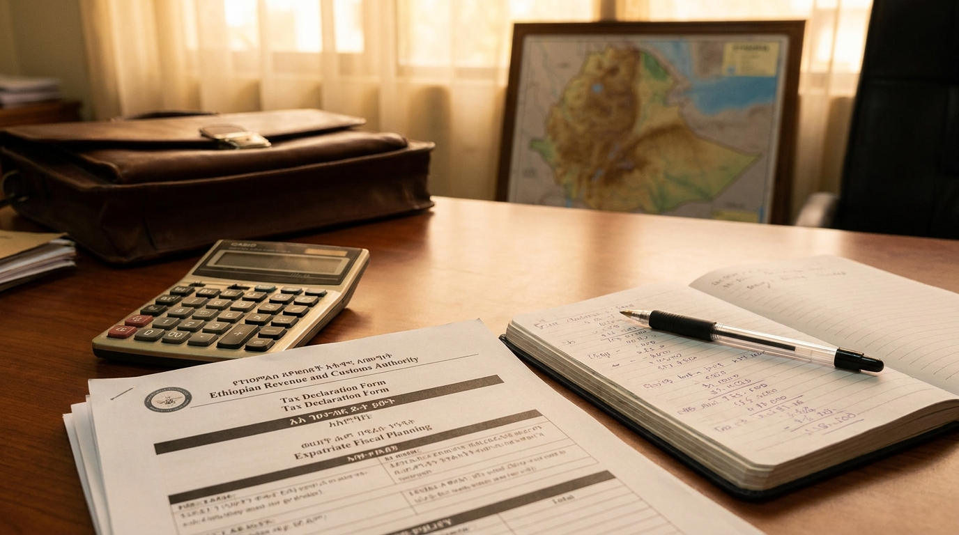 Bureau avec calculatrice et documents fiscaux — fiscalité des expatriés français en Éthiopie