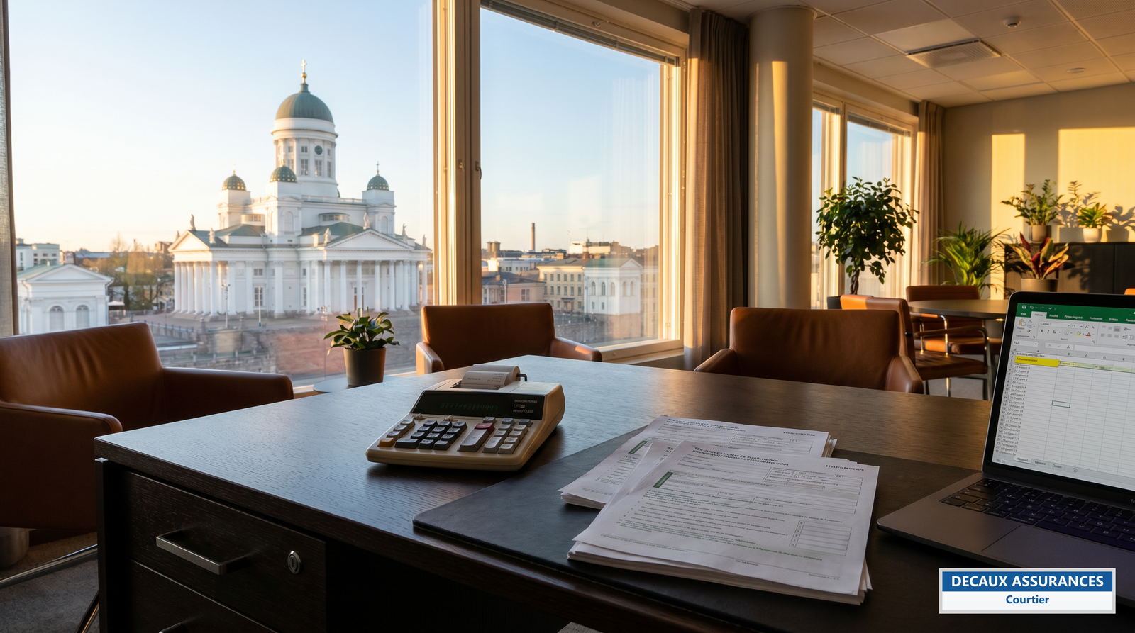 Bureau avec calculatrice et documents fiscaux, skyline d'Helsinki en fond — fiscalité des expatriés français en Finlande