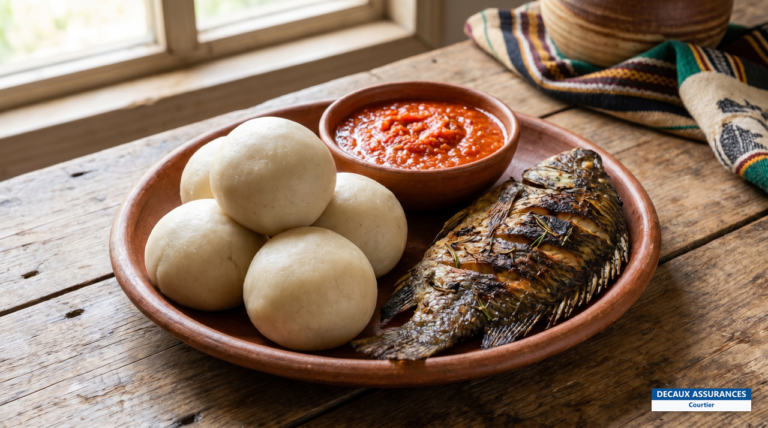 Banku ghanéen servi avec sauce et poisson, Ghana