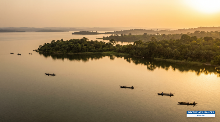 Étendue du lac Volta, l'un des plus grands lacs artificiels du monde, Ghana