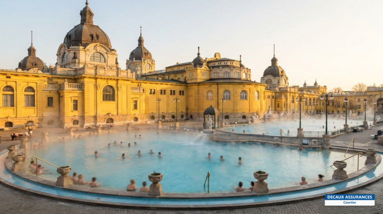 Bains thermaux Széchenyi à Budapest, Hongrie — palais néo-baroque et bassins extérieurs