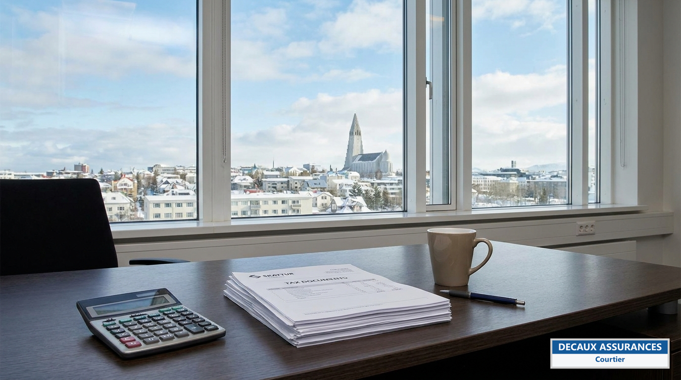 Bureau avec calculatrice et documents fiscaux, skyline de Reykjavik en fond — fiscalité des expatriés français en Islande