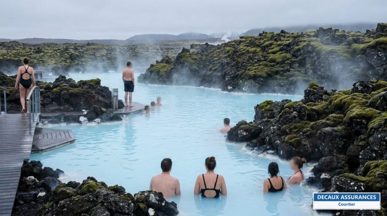 Source géothermique d'eau bleutée entourée de roche volcanique en Islande