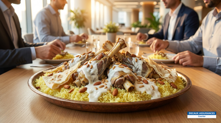 Plat de mansaf jordanien — agneau, riz et sauce de yaourt jameed