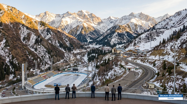 Patinoire de Medeou et monts Tian Shan au-dessus d'Almaty, Kazakhstan