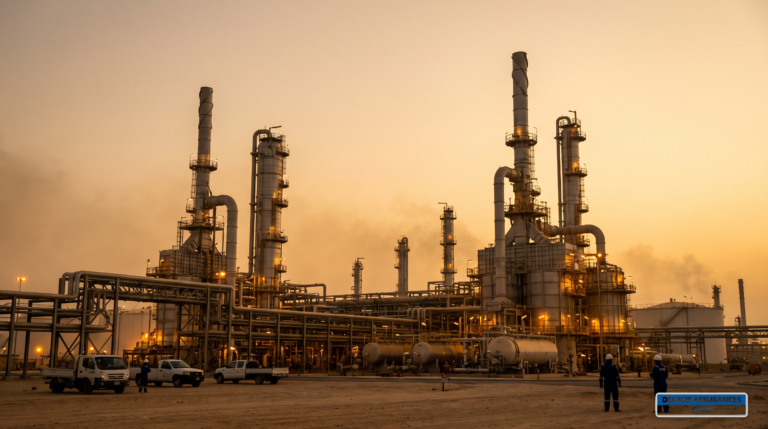 Installations pétrolières dans le désert koweïtien au crépuscule — économie des hydrocarbures