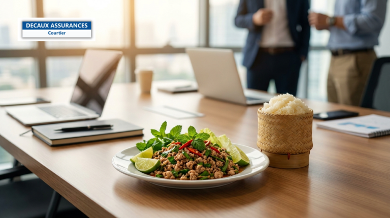 Larb (laap) laotien — salade de viande hachée aux herbes servie avec du riz gluant khao niaw dans un panier de bambou