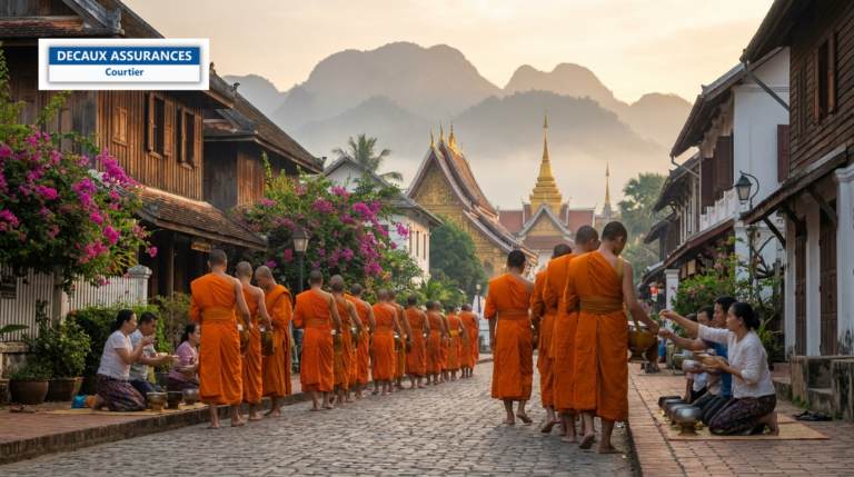 Temples et rue de l'aumône des moines à Luang Prabang à l'aube, Laos — toits dorés et montagnes brumeuses