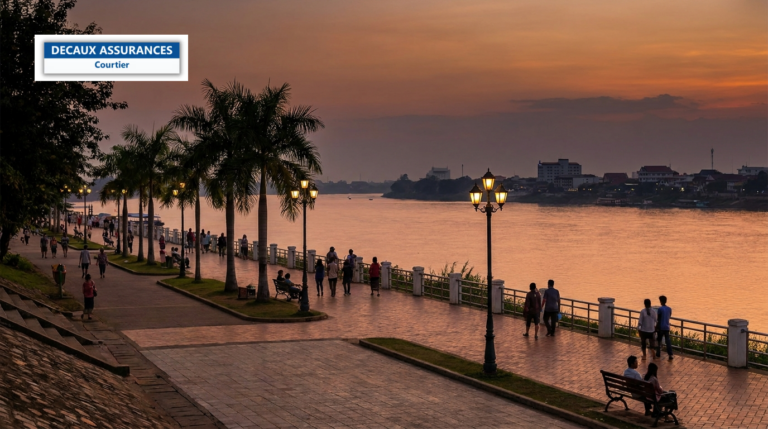 Promenade du bord du Mékong à Vientiane au crépuscule, Laos — la rive thaïlandaise au loin
