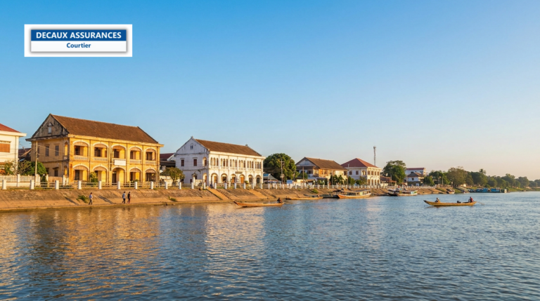 Ville de Savannakhet sur le Mékong face à la Thaïlande, Laos — bâtiments coloniaux et front de fleuve