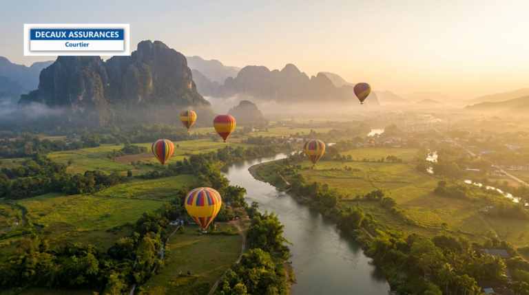 Montagnes karstiques et rivière Nam Song à Vang Vieng, Laos — montgolfière au-dessus d'un paysage vert
